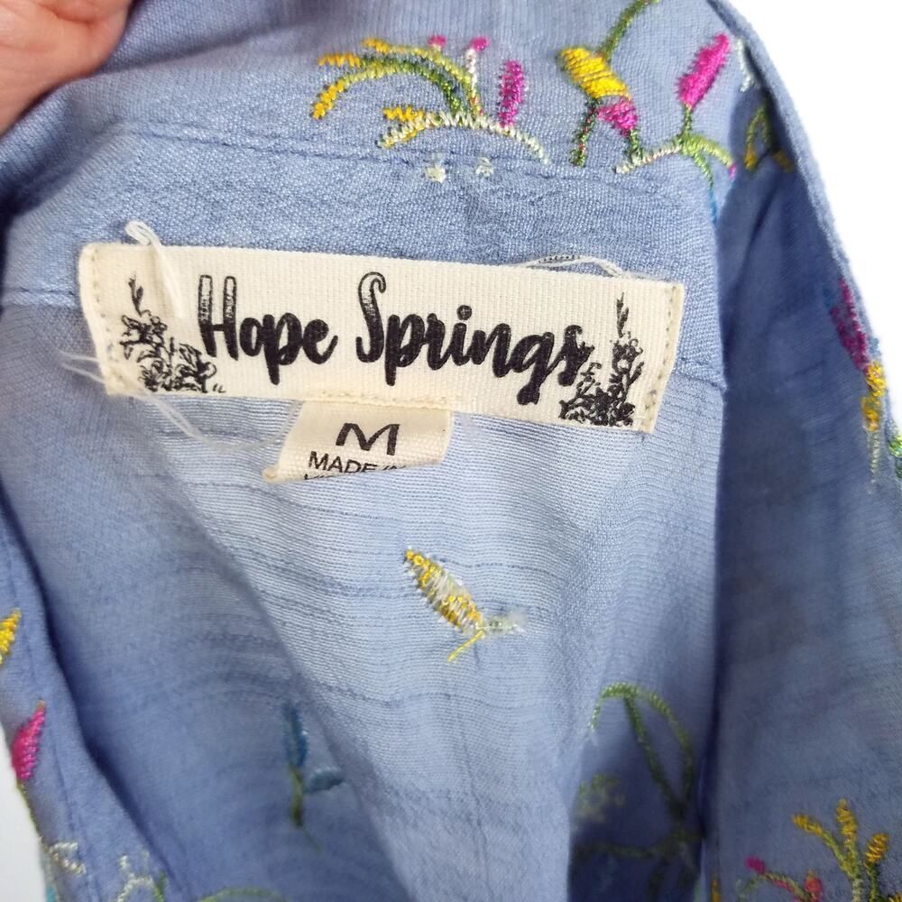 Hope Springs Floral Embroidery Twist Front Button Down Shirt Blue Size Medium - Picture 5 of 6